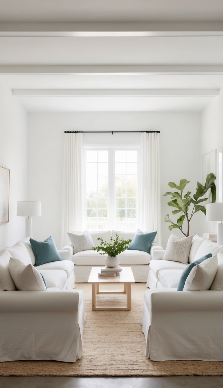 A bright living room with slipcovered sofas, white walls, and soft textures creating a clean and airy atmosphere