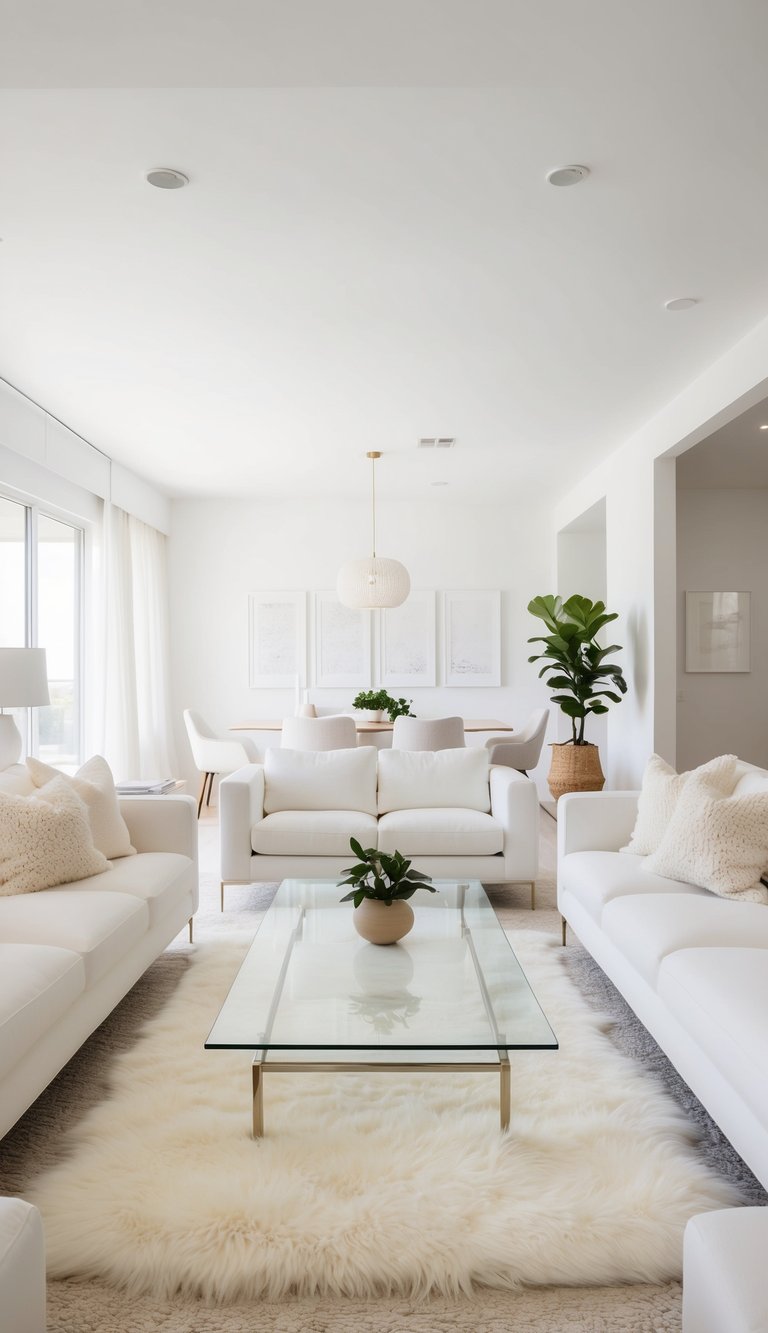A glass coffee table surrounded by white sofas, fluffy rugs, and minimalistic decor in a bright and spacious living room