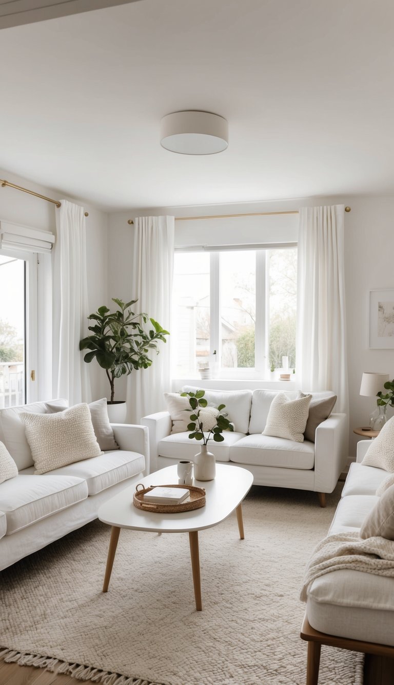A cozy white living room with Scandinavian-inspired furniture and soft textures, featuring clean lines and an airy atmosphere