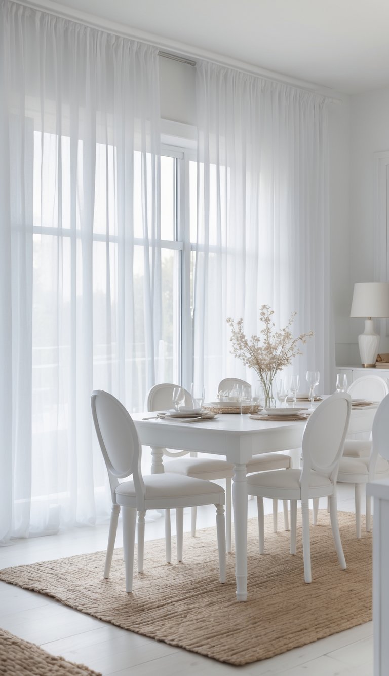 A bright, minimalist dining room featuring a white table and chairs set on a beige woven rug. Soft white curtains cover the large windows, and a vase with delicate dried flowers sits on the table, creating an airy and elegant atmosphere.