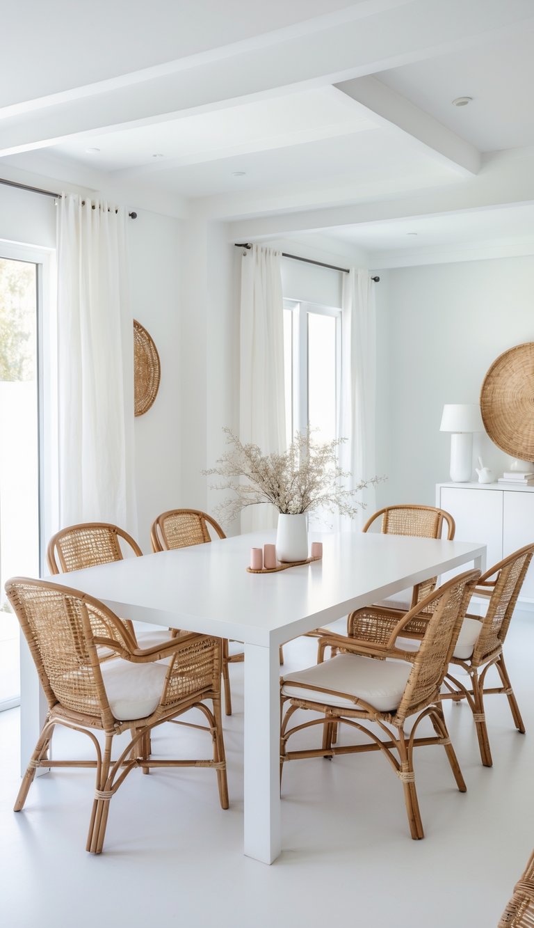 A bright dining room featuring a white table with wicker chairs, a vase with dried flowers as a centerpiece, and large windows with white curtains.