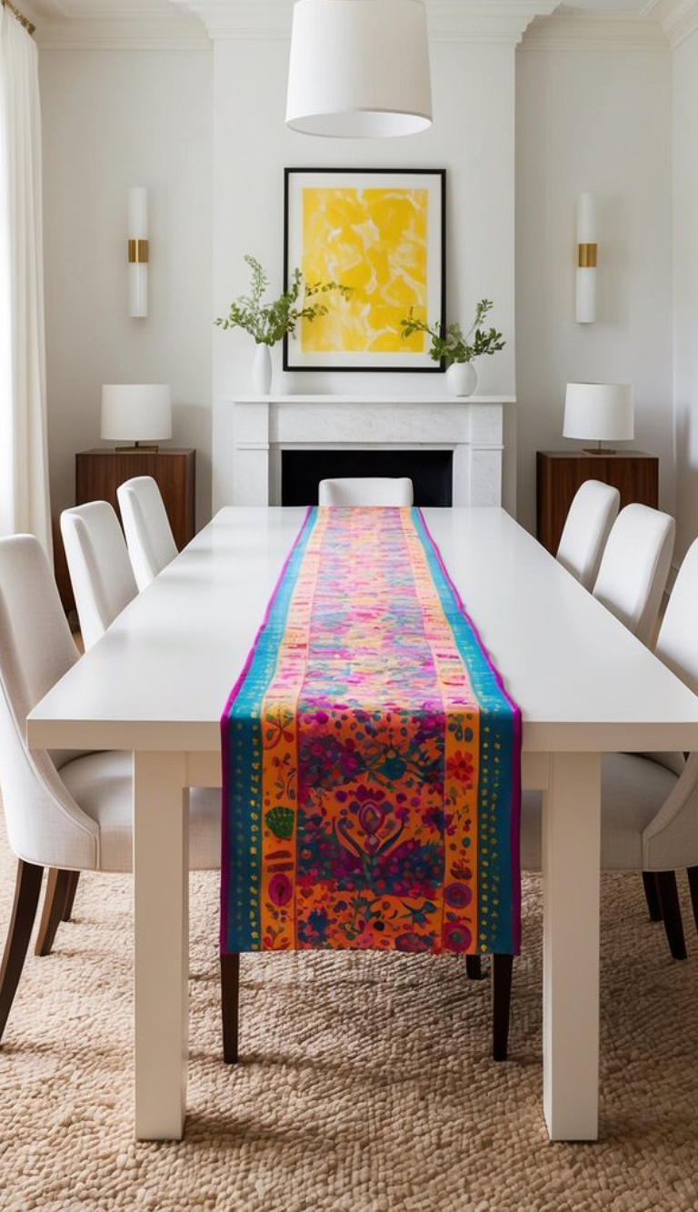 A dining room with a modern white table adorned with a colorful, floral-patterned runner, surrounded by white chairs. A bright yellow abstract painting hangs above a white mantel, decorated with minimalist vases holding green foliage. The room is softly lit by a large white pendant lamp.