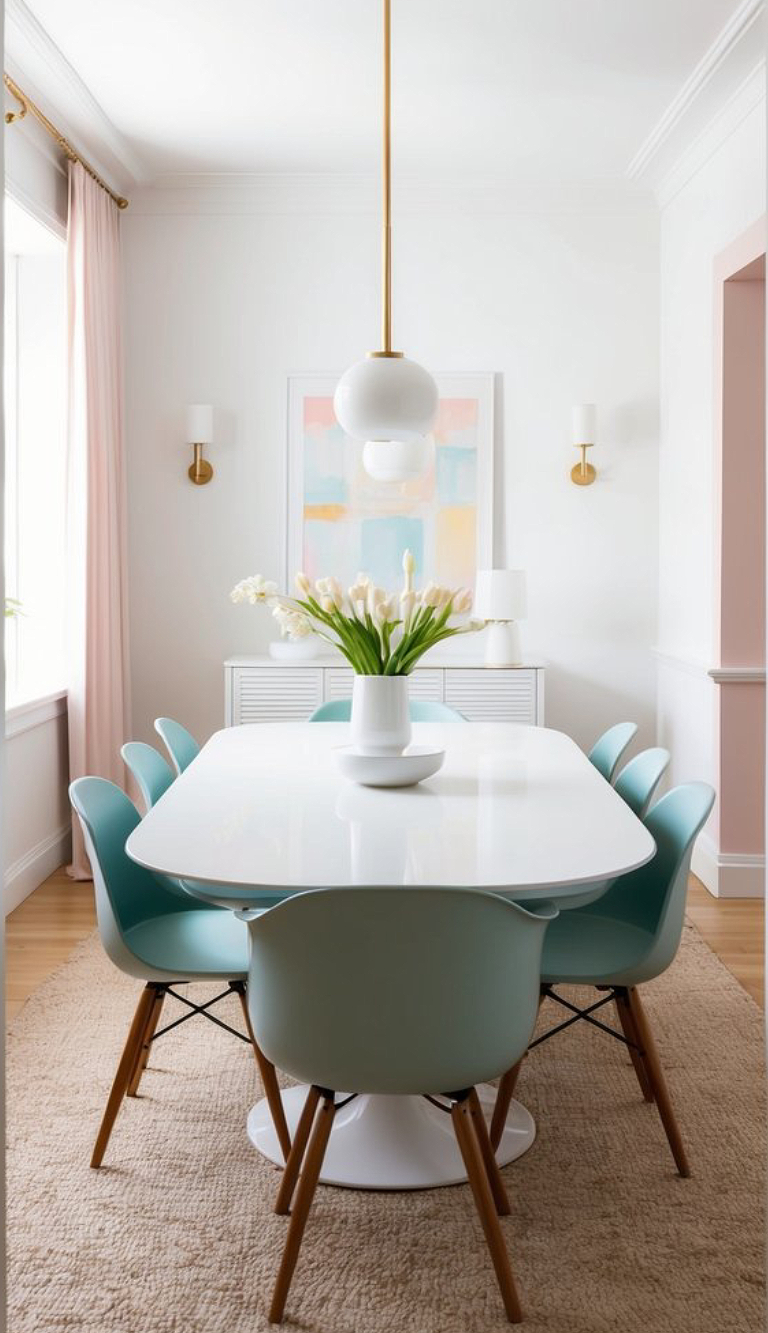 A modern dining room with a white oval table surrounded by teal chairs, a vase with white flowers as a centerpiece, and a gold and white pendant light above. The room has pastel curtains, white wall sconces, and a colorful pastel artwork on the wall, all set on a light wood floor with a beige rug.