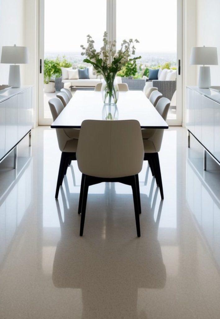 A modern dining room with a long white table surrounded by white chairs, featuring a vase with white flowers in the center. The room has large glass doors leading to an outdoor seating area with views of the landscape beyond.