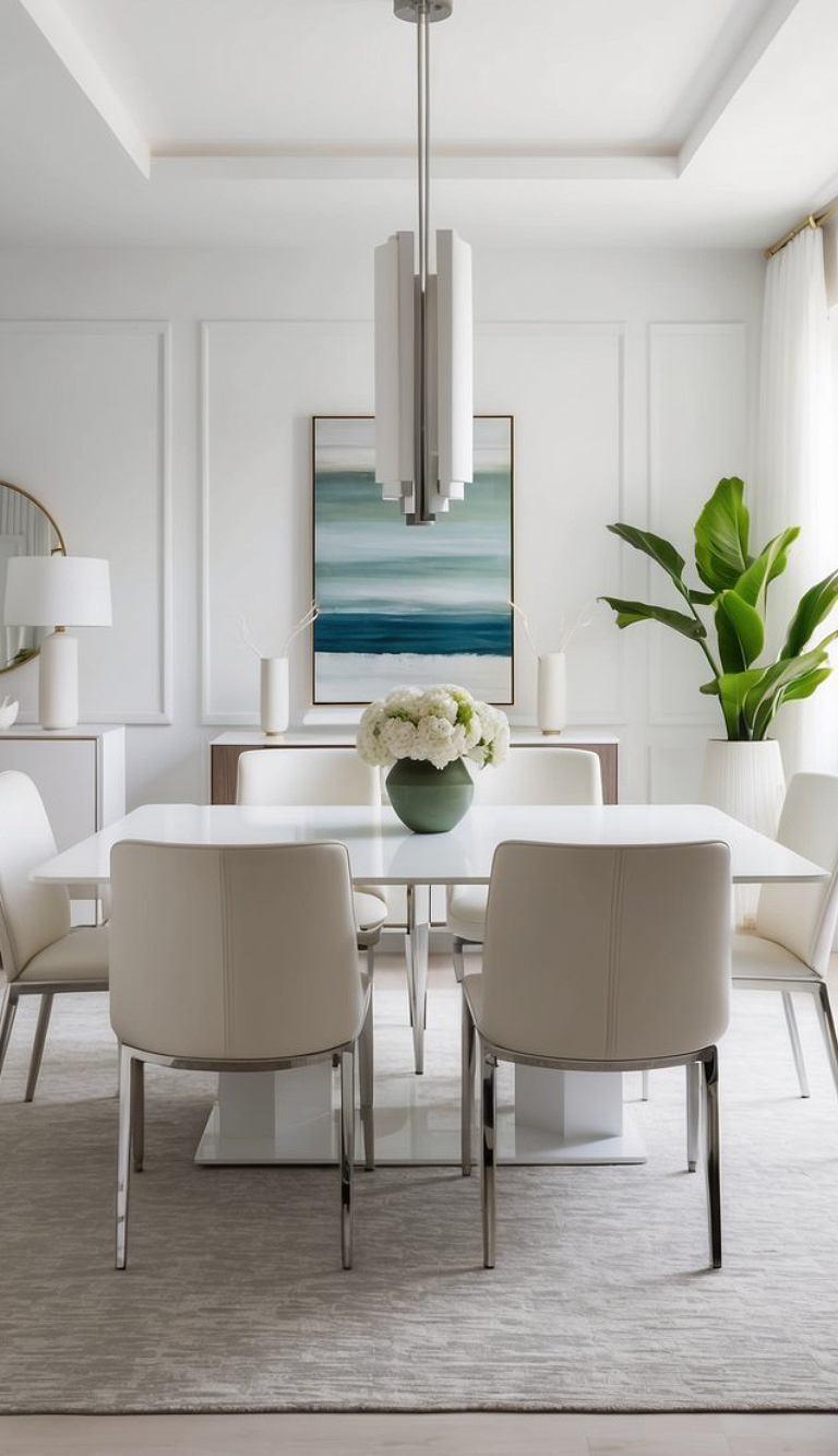 A modern dining room with a white table and chairs, a geometric light fixture hanging above, and a vibrant green plant in the corner. A contemporary painting with blue and green hues hangs on the wall, and a vase of white flowers is centered on the table.