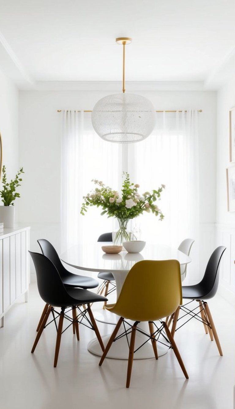 A modern dining area featuring a round white table surrounded by four chairs in black and mustard tones, with a vase of flowers on the table, set in a bright room with large windows and sheer curtains, and a woven pendant light overhead.