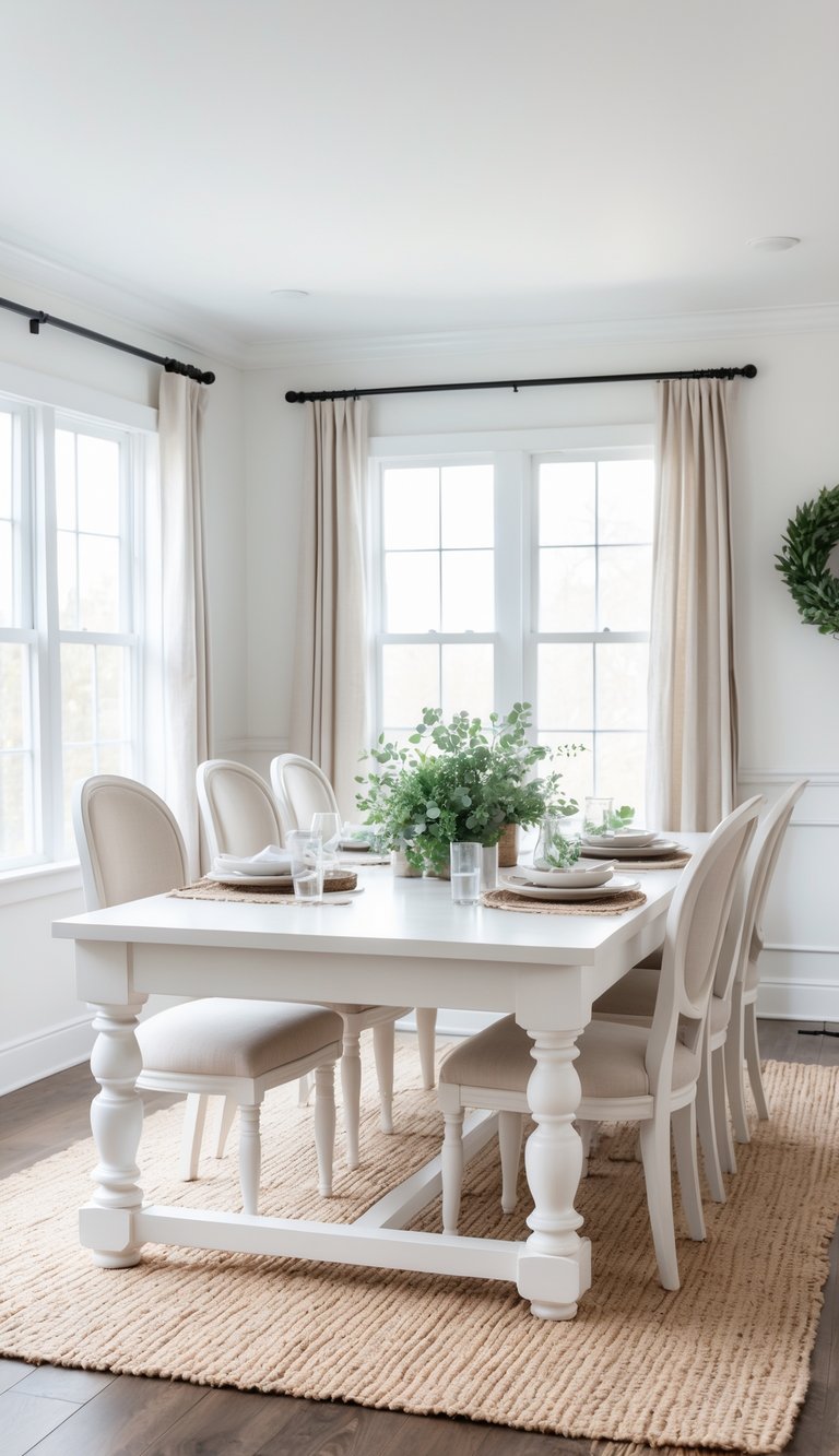 A bright dining room with a large white table surrounded by upholstered chairs, adorned with a centerpiece of leafy greenery. The room features two large windows with cream-colored curtains, and a decorative wreath hangs on the wall.