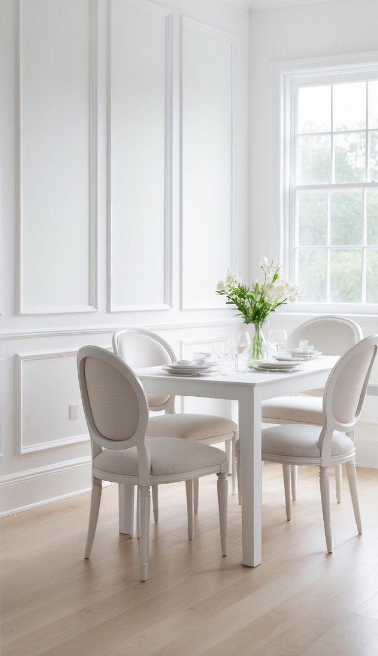 A minimalist dining room with a white table set with dishes and a vase of white flowers, surrounded by light-colored chairs on a wooden floor, with a large window and white paneling on the walls.