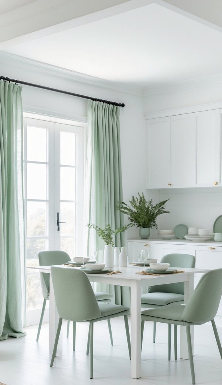 A bright dining room with a white table and green chairs, complemented by green curtains and light pouring through French doors. The table is set with white dishes and glassware, and a vase with greenery serves as a centerpiece. The room features light-colored walls and cabinetry in the background with matching decor items.