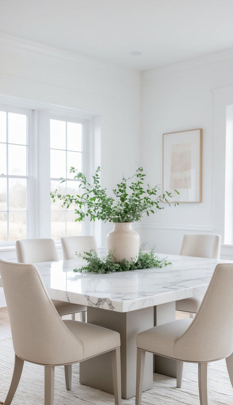 A bright dining room with a modern white marble table surrounded by beige upholstered chairs. A large vase with green foliage is placed at the center of the table. The room has large windows and minimalistic decor, including a framed picture on the wall.