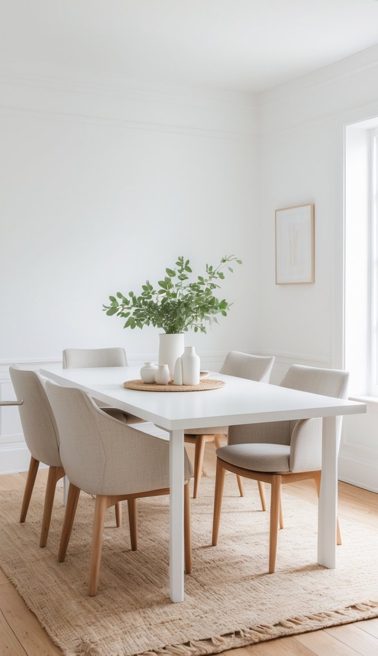 A minimalist dining room with a white table surrounded by light beige upholstered chairs on a textured rug, featuring a centerpiece of green foliage in a white vase.