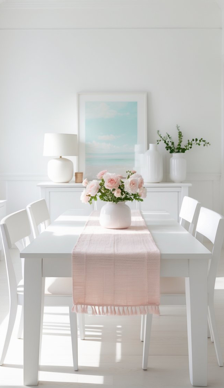 A bright, minimalist dining area with a white table and chairs, featuring a pale pink table runner and a vase of light pink flowers. In the background, there is a sideboard with a lamp, a plant, and a framed picture of a sky and clouds.
