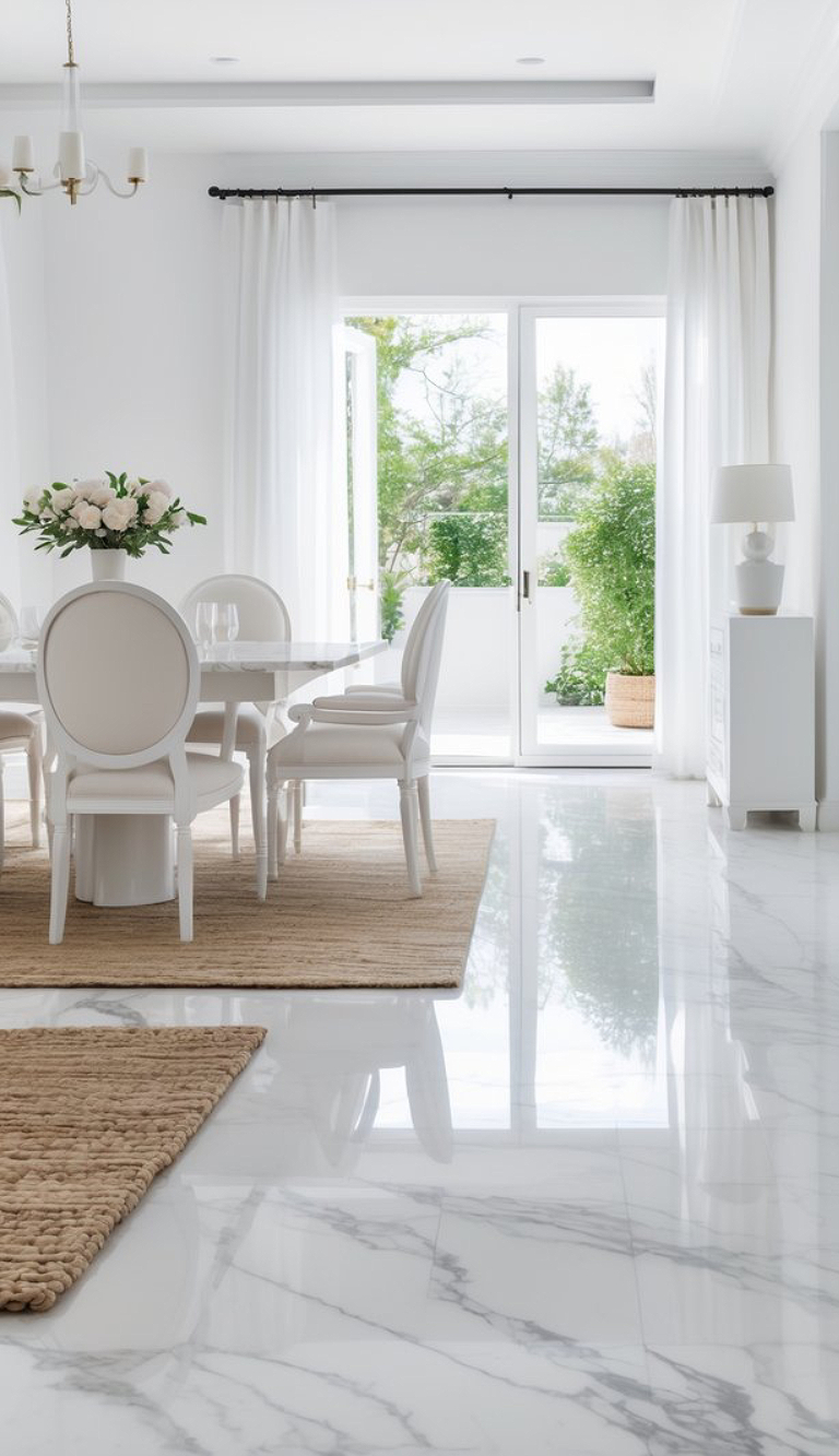 A bright dining room with a white table and chairs, a vase of white flowers as the centerpiece, and large windows letting in natural light, highlighted by a beige woven rug and glossy marble flooring.