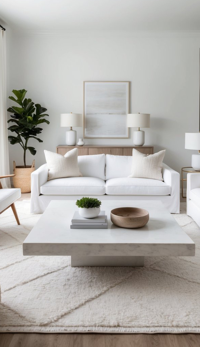 A modern living room featuring a white sofa with matching pillows, a large square coffee table with a small plant and wooden bowl on top, and a textured white rug. The room is decorated with a tall plant in a woven basket, two table lamps, and a minimalist wall art piece above a console table.