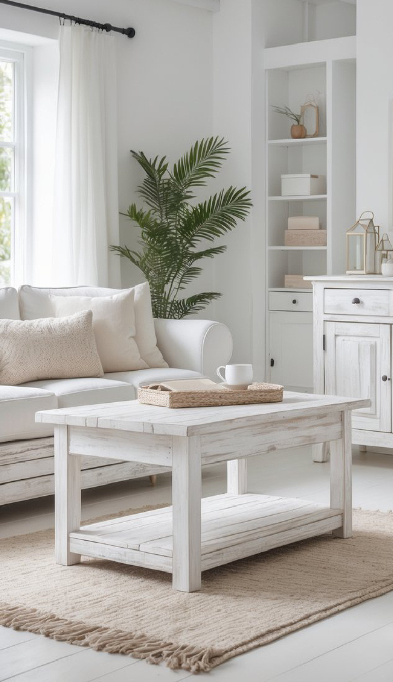 A bright living room with a white sofa and cushions, a rustic white coffee table on a beige rug, a potted plant, and a white cabinet with decor items by the window.