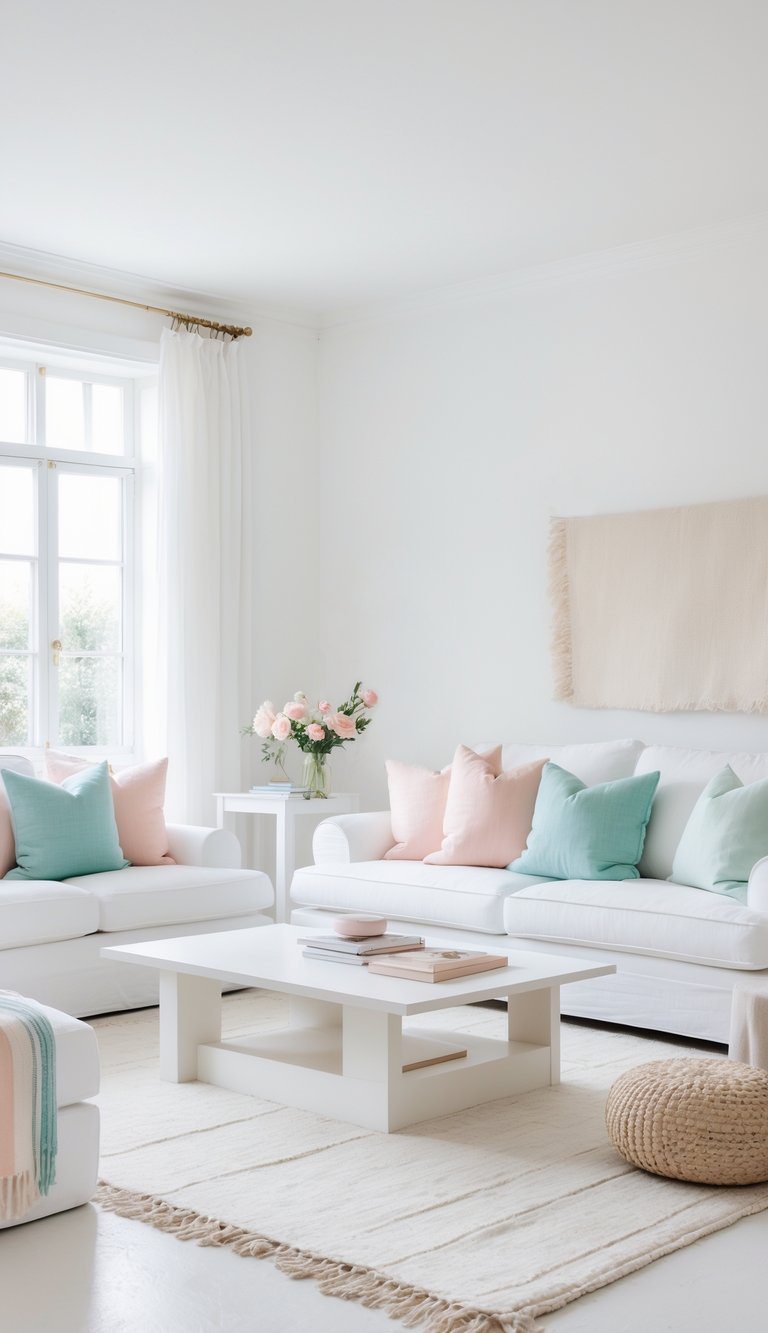 Bright living room with white sofas adorned with pastel pink and turquoise pillows, a white coffee table, a woven pouf, and a bouquet of pink roses on a side table near a window with sheer white curtains.
