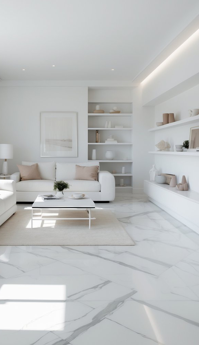 A minimalistic living room with white walls and marble flooring, featuring a white sofa with neutral cushions, a low white coffee table, and built-in shelves with decorative items.