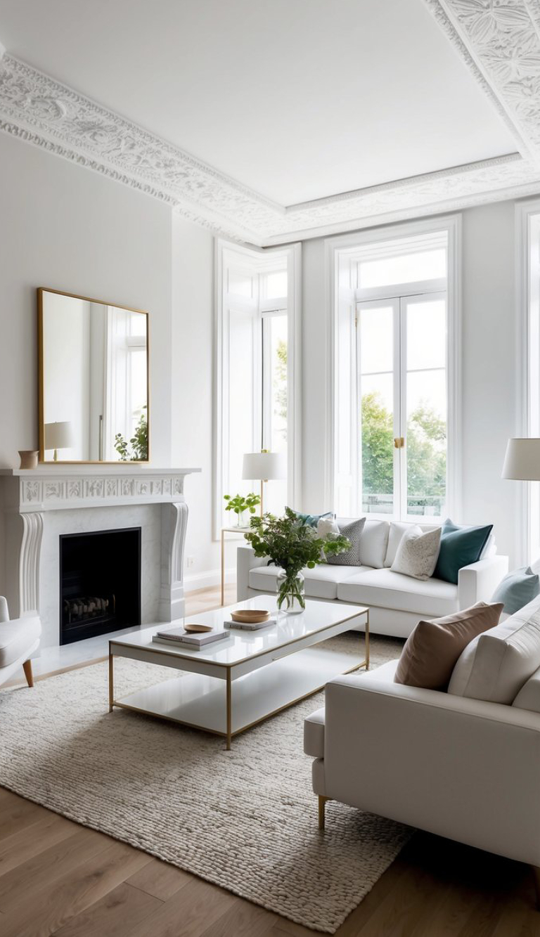 A bright, elegantly designed living room with an ornate ceiling, large windows, and a white color scheme. The room features a white marble fireplace with a rectangular mirror above it, two white sofas with various colored cushions, a glass and metal coffee table with books and decor, and a textured area rug on hardwood flooring. There are also potted plants and a vase of flowers, enhancing the natural light from the windows.