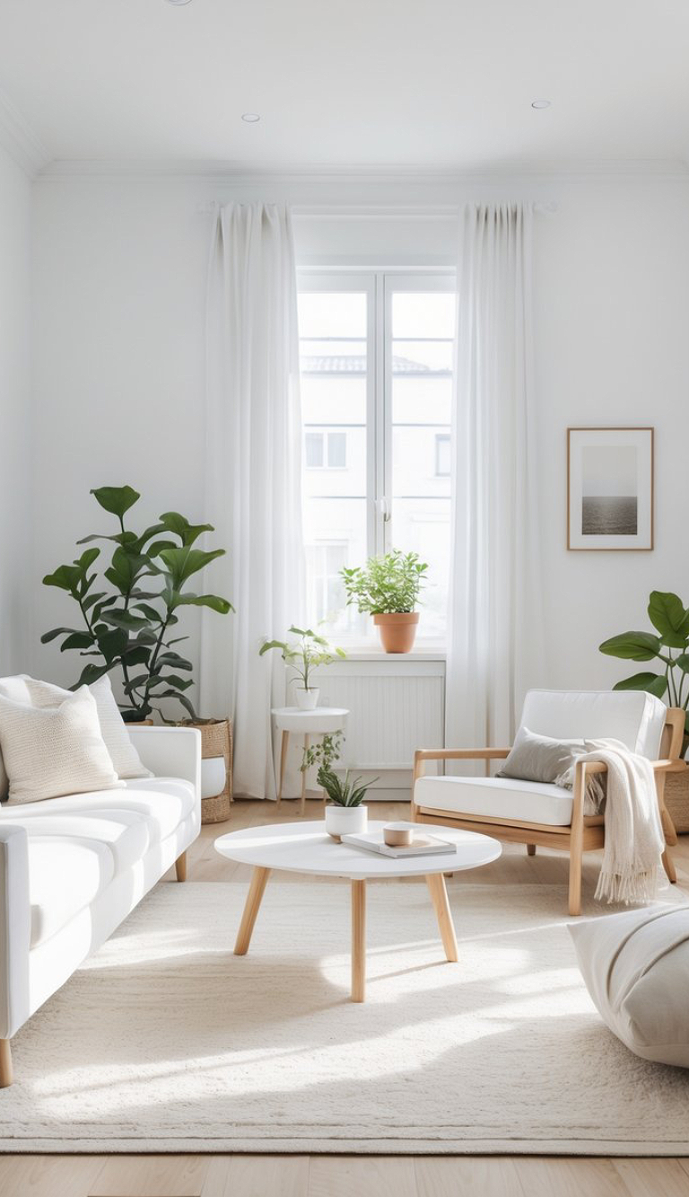 Bright and minimalist living room with a white sofa and armchair, a round wooden coffee table, several green plants, and a large window with sheer curtains.
