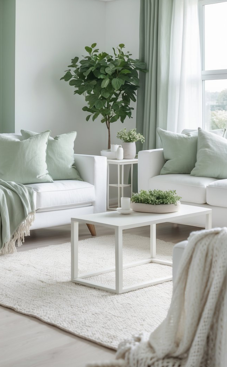 A bright living room with white sofas adorned with light green cushions, a white coffee table with a small plant on top, and a large potted plant in the corner. The room has large windows with light green curtains and a white textured rug on the floor.