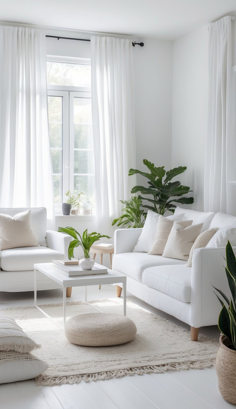 A bright, minimalist living room featuring white furniture, including a sofa and armchairs, adorned with beige cushions. A white coffee table holds a plant and a few books. Natural light enters through large, sheer-curtained windows. Green indoor plants add a touch of color, and a woven rug and pouf complete the cozy atmosphere.