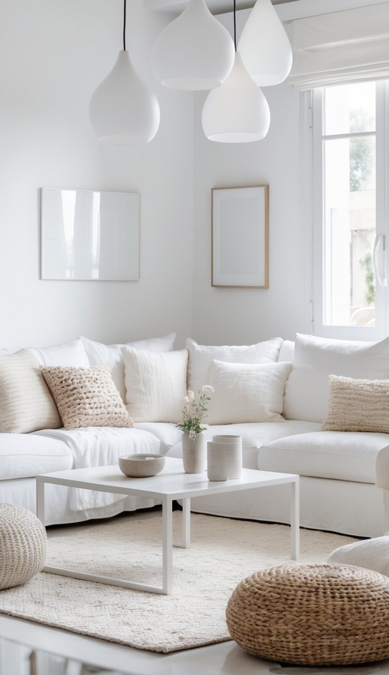 A minimalist living room with a white sectional sofa adorned with cream and beige cushions. A white coffee table is centered on a plush, textured rug, topped with decorative vases. Rattan poufs are placed on the floor, and white teardrop pendant lights hang above, adding to the light, airy feel of the room.