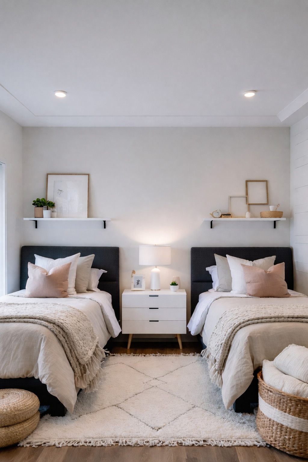 A modern bedroom with two twin beds positioned on either side of a white nightstand with a lamp. The beds have grey headboards and are dressed with cream-colored bedding and decorative pillows. A white rug is on the hardwood floor, and shelves with decor items are mounted above each bed. Natural light brightens the room, creating a cozy and inviting atmosphere.