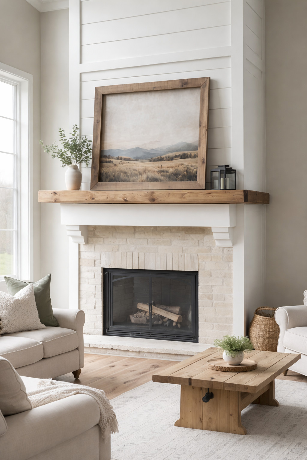 A cozy living room with a brick fireplace, a wooden mantel holding a framed landscape painting and decorative items, surrounded by soft beige sofas and a rustic wooden coffee table.