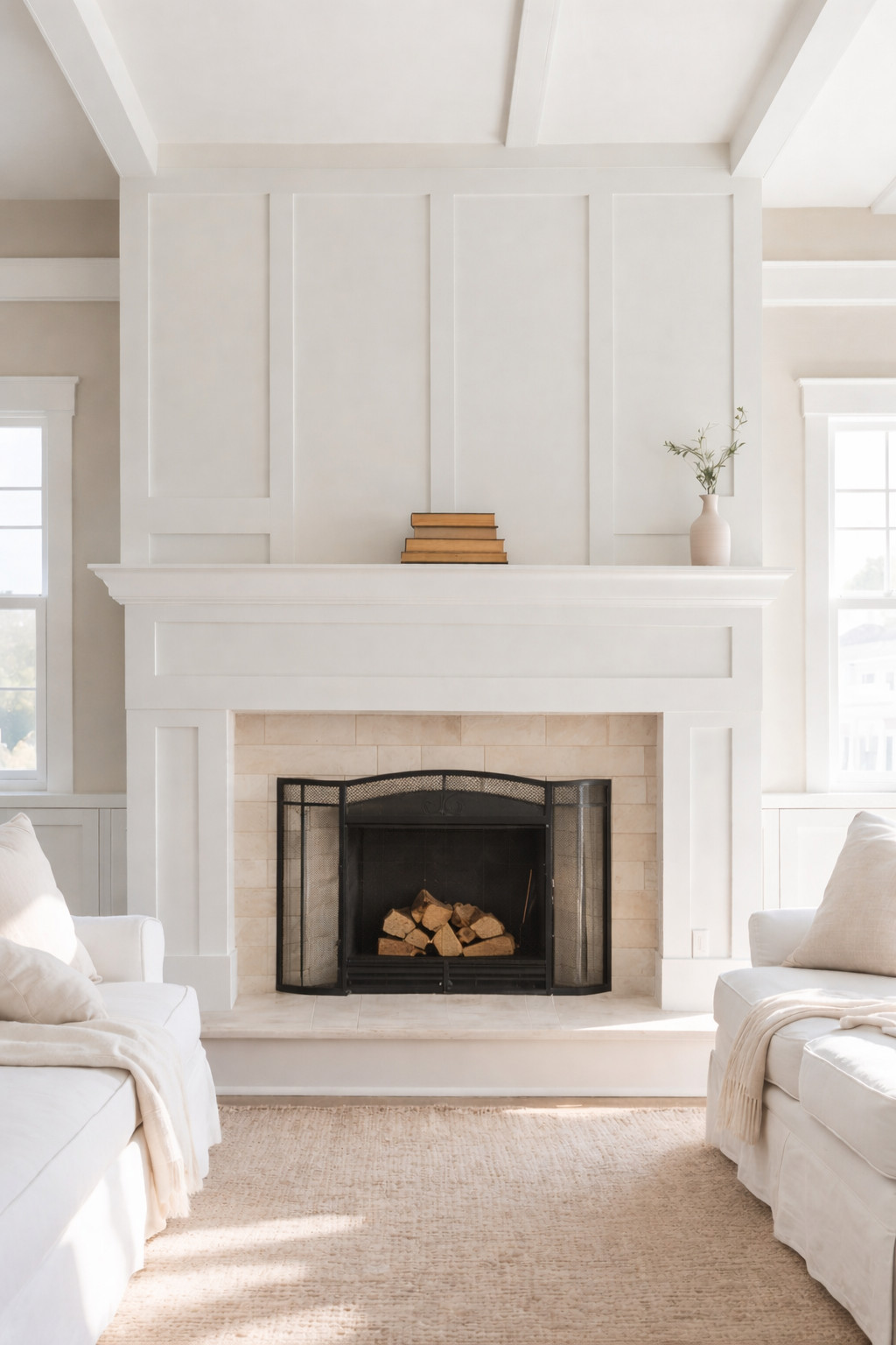 A bright, minimalist living room with a white fireplace featuring a stack of books and a vase with a small plant on the mantel. The fireplace has a black screen and is flanked by windows. Two white sofas and a beige rug complete the cozy setting.