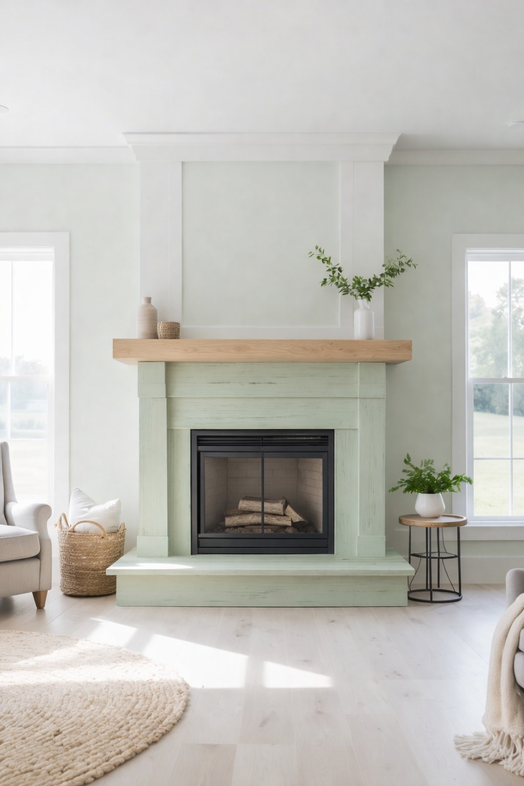 A living room with a light green fireplace featuring a wooden mantel, two decorative vases, and a plant. The room has large windows, a beige armchair, a woven basket with a cushion, a round rug, and a small side table with a plant.