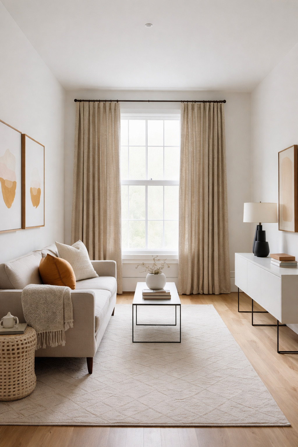 A modern living room with a neutral color scheme, featuring a beige sofa with decorative pillows, a woven side table, and a blanket draped over the arm. A minimalist coffee table holds a white vase and books, while a white sideboard with decor is placed against the wall. Large windows with beige curtains allow natural light to fill the room, and abstract artwork adorns the walls. The room is completed with a soft, textured area rug on a wooden floor.