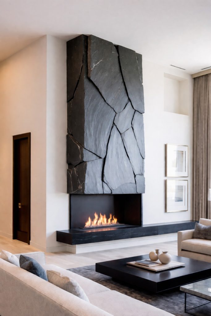 A modern living room featuring a floor-to-ceiling stone fireplace with an abstract design. The fireplace has a sleek, dark finish and a fire burning inside. The room is furnished with a light-colored sofa and a black coffee table, along with neutral-colored decor items. Large windows with curtains allow natural light to brighten the space, and two framed artworks are mounted on the wall beside the fireplace.