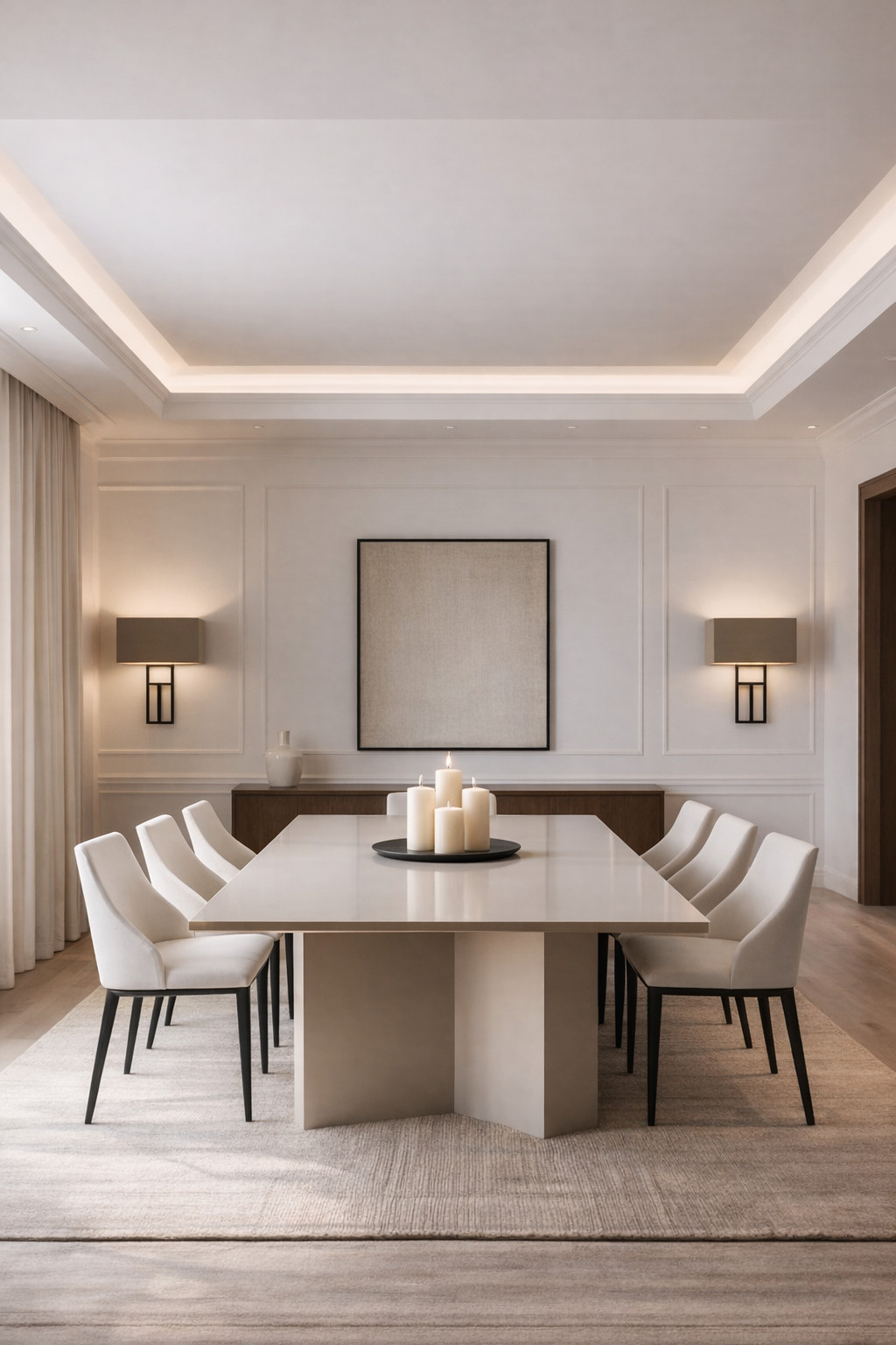 A modern dining room with a minimalist design, featuring a large rectangular dining table surrounded by eight white upholstered chairs. The table is topped with a tray of five pillar candles. The room has neutral tones with a light beige rug, recessed ceiling lighting, and framed artwork on the wall.