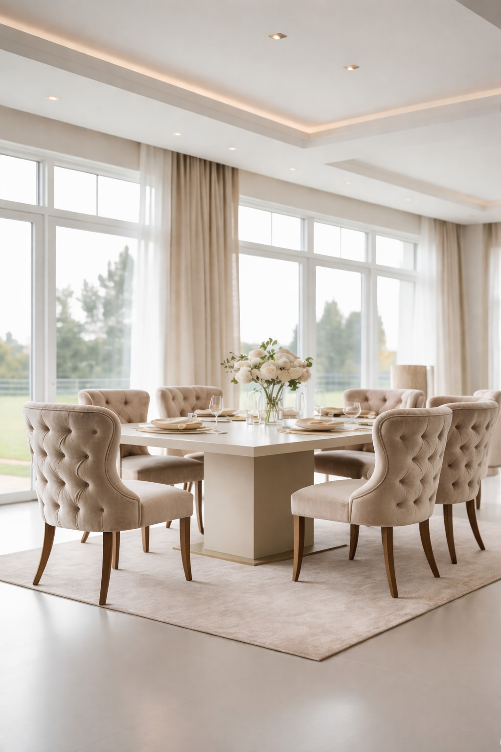 A modern dining room with a square table surrounded by six beige upholstered chairs, set on a light rug. The table is set with plates and glasses, and a vase of flowers is placed in the center. Large windows with sheer curtains allow natural light to fill the room.