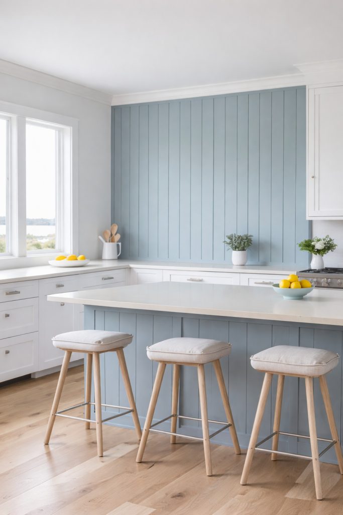 A modern kitchen with light blue vertical paneling on the wall, white cabinets, and a beige countertop. The kitchen island has three light wood stools with cushioned seats. A bowl of lemons sits on the counter, and a vase with utensils is near the window overlooking a scenic view.