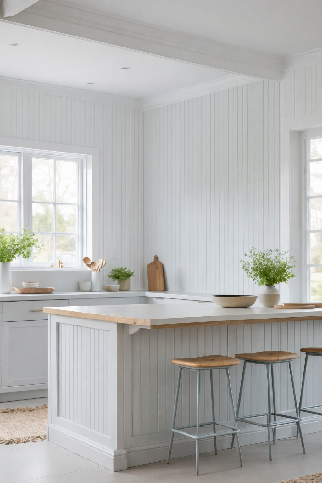A minimalist white kitchen with wooden accents, featuring a counter with high stools, white cabinets, and potted plants on the countertop near a window.