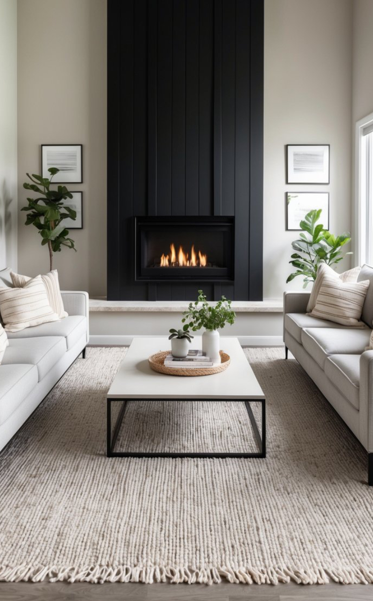 A modern living room with a minimalist design featuring a black fireplace between two framed artworks, a neutral color palette with two light gray sofas, a white coffee table with a woven tray and small plant, and two tall green plants flanking the scene.