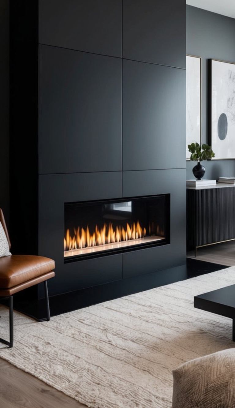 A modern living room featuring a sleek, black fireplace with visible flames, surrounded by dark cabinetry. The room has a cozy, light-textured rug and a brown leather chair, with minimalist decor including a small plant on a sideboard.