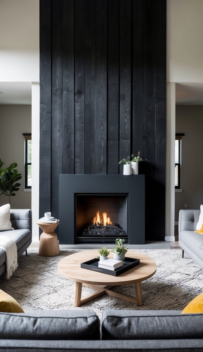A modern living room with a large black wooden accent wall featuring a built-in fireplace. The room includes gray sofas, a round wooden coffee table with a tray and plants, and a small side table with a coffee cup. The decor is contemporary, with neutral tones and a cozy atmosphere.