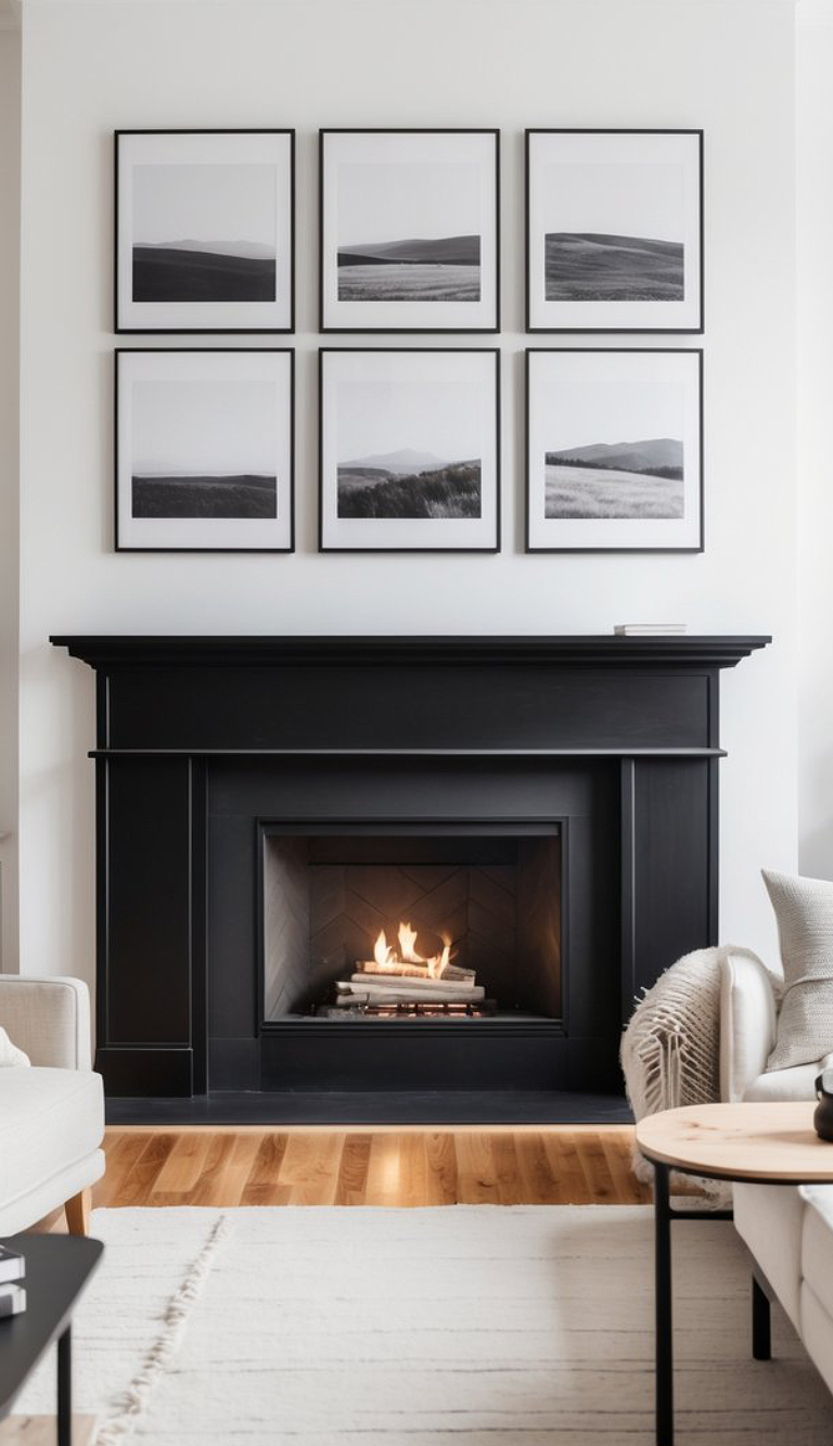 A cozy living room with a black fireplace, displaying a warm fire. Above the fireplace are six black-and-white framed photographs arranged in two rows of three. The room features a light-colored sofa, wooden floor, and a small round table with a beige throw draped over the armrest of the sofa.