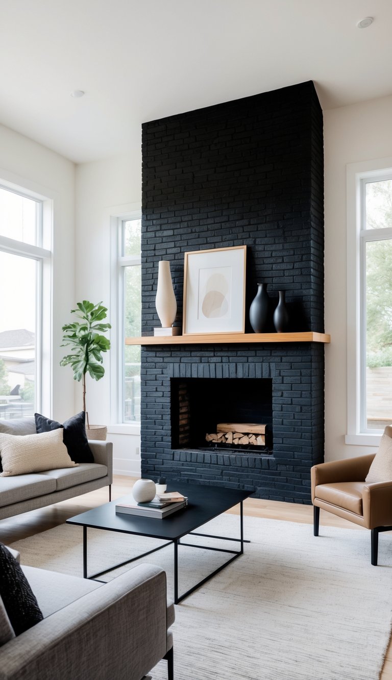 A modern living room featuring a tall, black brick fireplace with a wooden mantel displaying decorative vases and artwork. The room includes neutral-colored furniture, a black coffee table, and a floor plant, creating a stylish and minimalist setting.