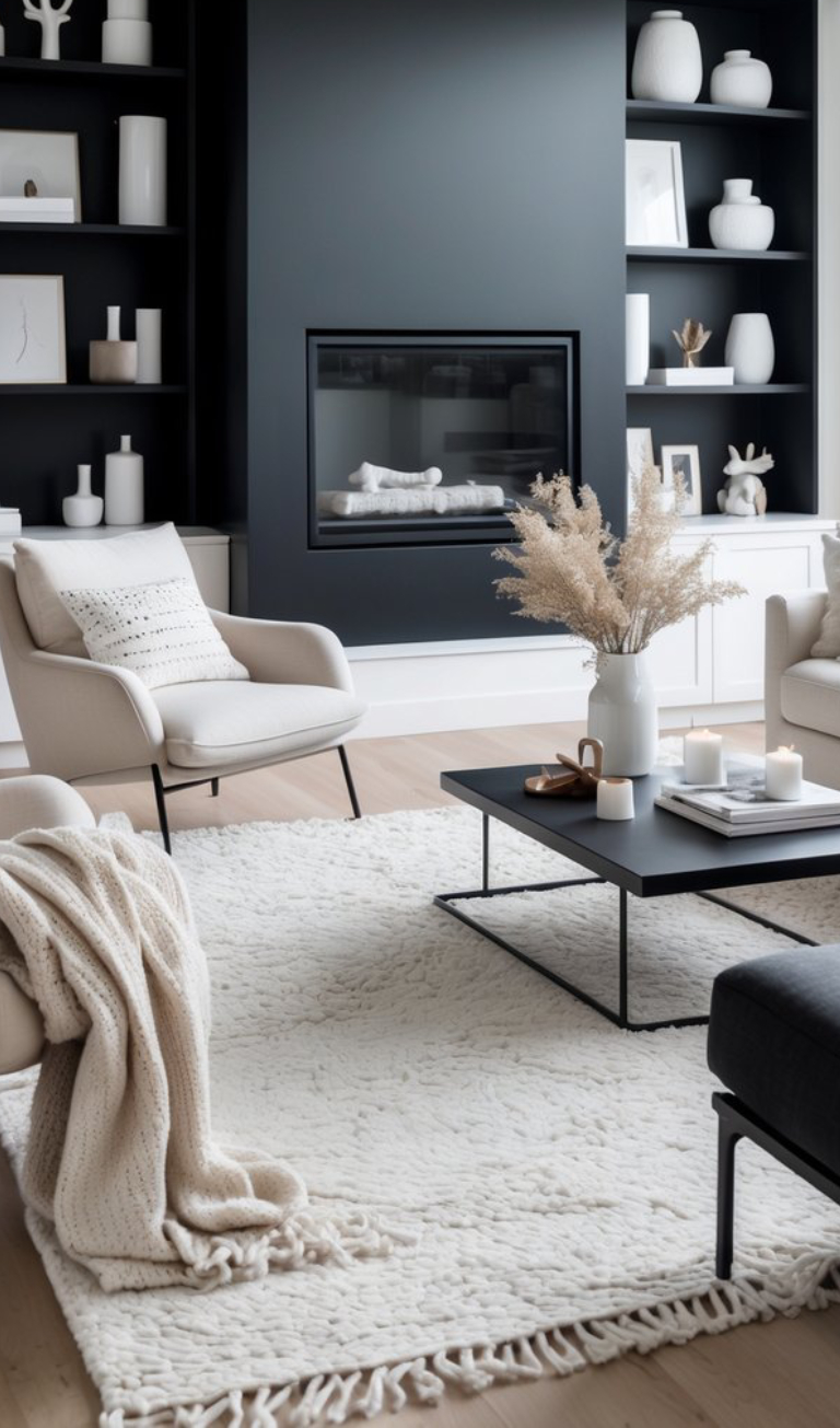 A modern living room with a black accent wall featuring a built-in fireplace, surrounded by shelves with white decorative items. There are two beige armchairs with textured pillows, a black coffee table with candles and a vase of dried flowers, and a cozy cream-colored knitted throw draped over a soft rug.