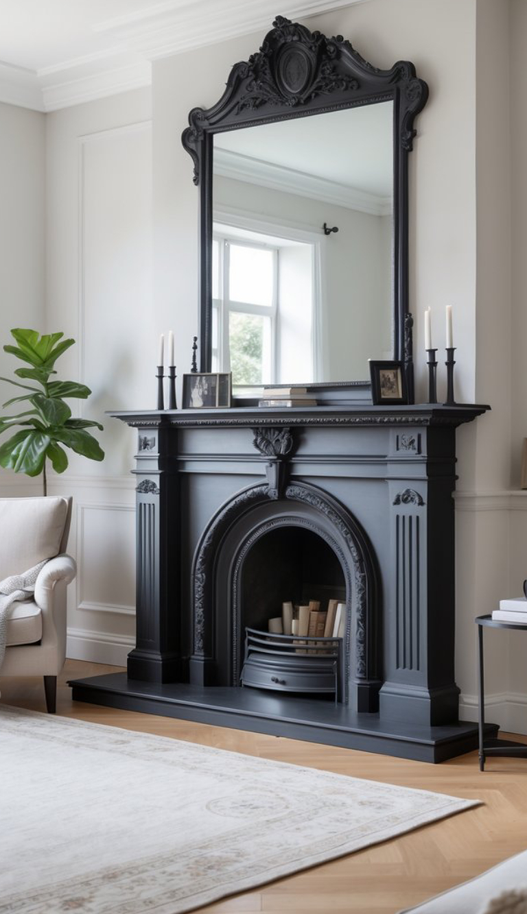 A living room featuring an elegant black fireplace with a large ornate mirror above it. The fireplace mantel holds candlesticks and framed photos. The room has white walls, a cream armchair, a large leafy plant, and a light-colored area rug on a wooden floor.