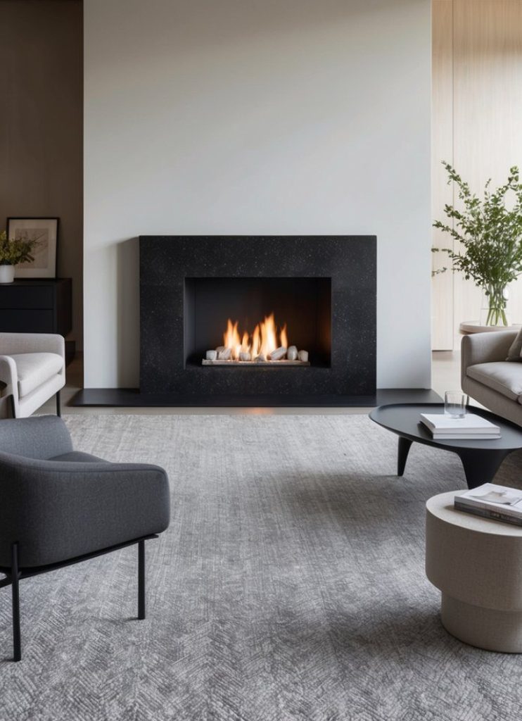 A modern living room featuring a black stone fireplace with a gas fire, surrounded by beige and gray furniture, including a comfortable armchair and a low coffee table on a textured gray rug, with potted plants and minimal decor accents.