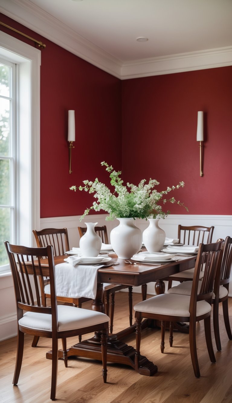 A dining room with red walls and a wooden floor, featuring a wooden dining table surrounded by chairs with white cushions. The table is set with white plates and vases, with a large vase holding green and white floral arrangements as the centerpiece.