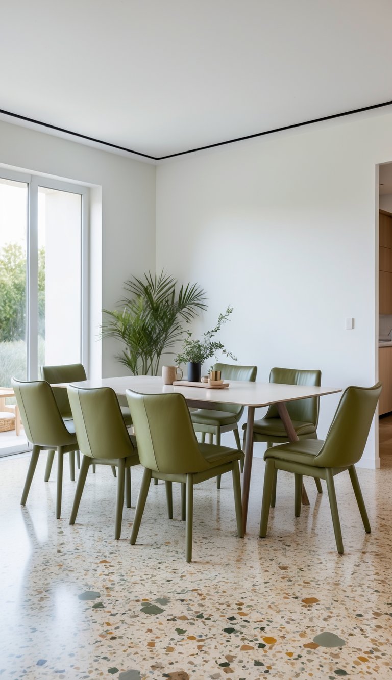 A modern dining room with a light-colored terrazzo floor, featuring a rectangular dining table surrounded by six green chairs. A large window allows natural light to fill the room, and there is a potted plant in the corner near the wall.