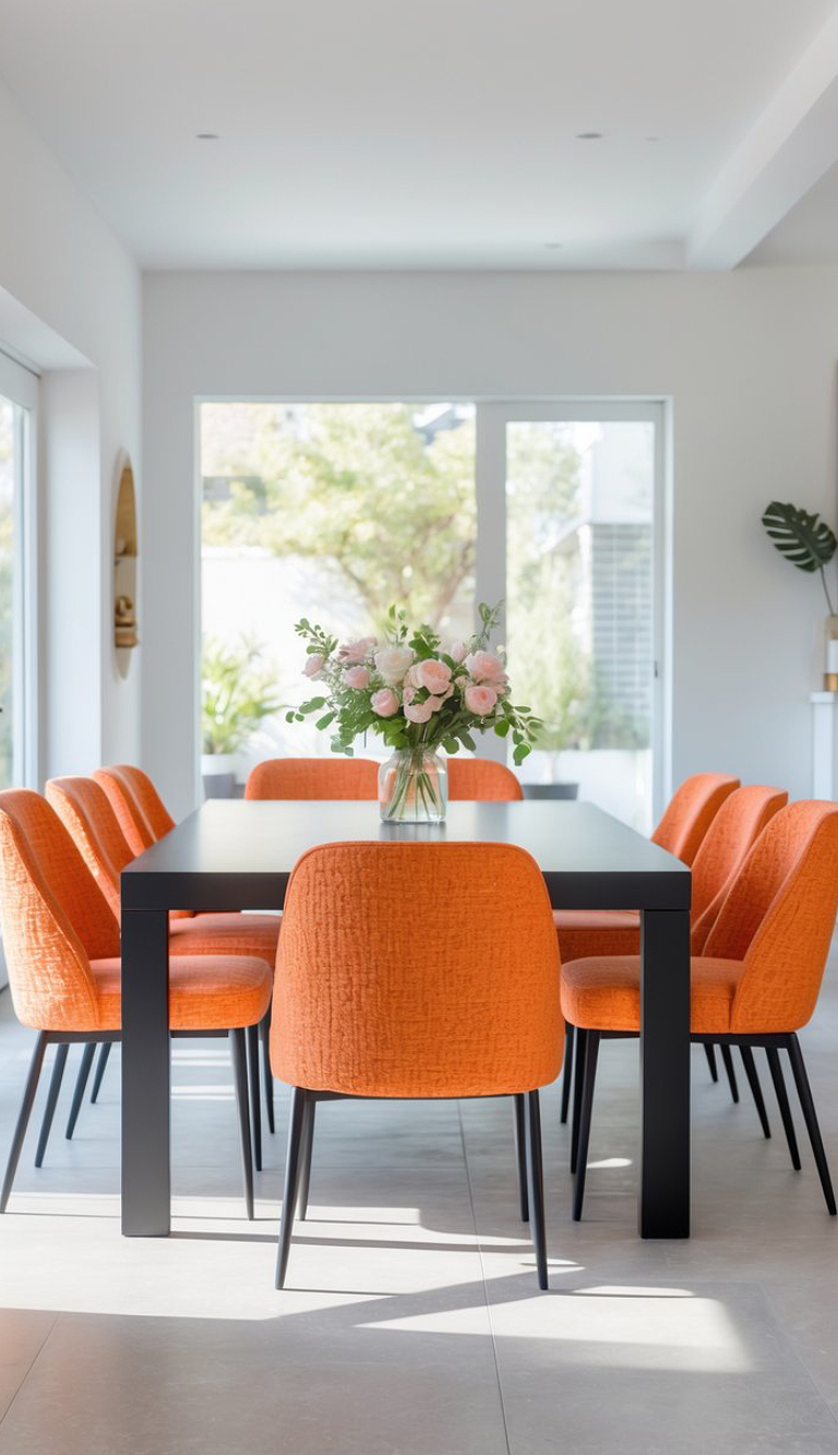 A modern dining room with bright orange upholstered chairs around a rectangular black table, adorned with a vase of pink and white flowers. The room is well-lit with natural light streaming through large windows.