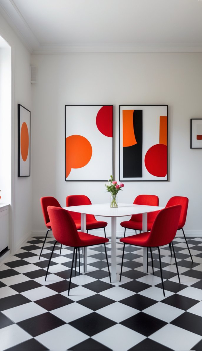 A modern dining room with a black and white checkered floor, featuring a round white table surrounded by five red chairs. On the wall are three framed abstract artworks with bold red and orange shapes. A vase with pink flowers sits on the table.