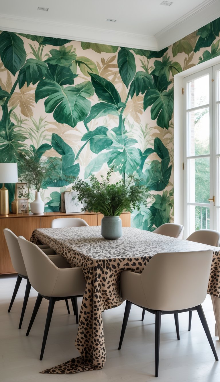 A dining room with a large table covered in a leopard print tablecloth, surrounded by beige chairs. The wall is decorated with a bold green leaf wallpaper, giving the room a tropical feel. A vase with greenery is placed on the table, and a sideboard is visible in the background with additional decorative items.