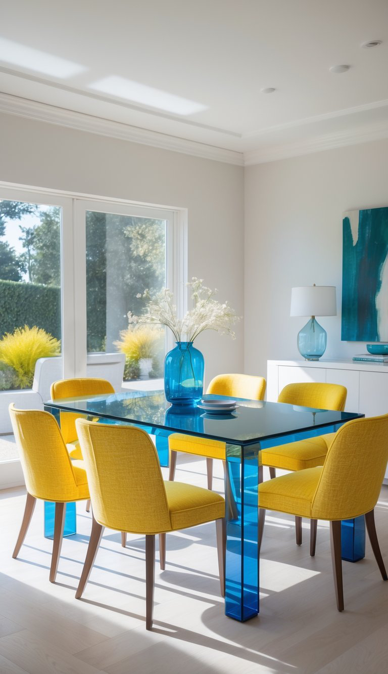 A modern dining room with a blue glass table surrounded by six yellow upholstered chairs. A large window provides natural light, and a blue vase with white flowers sits on the table. A matching blue vase and lamp are on a white sideboard against a neutral wall with abstract blue artwork.